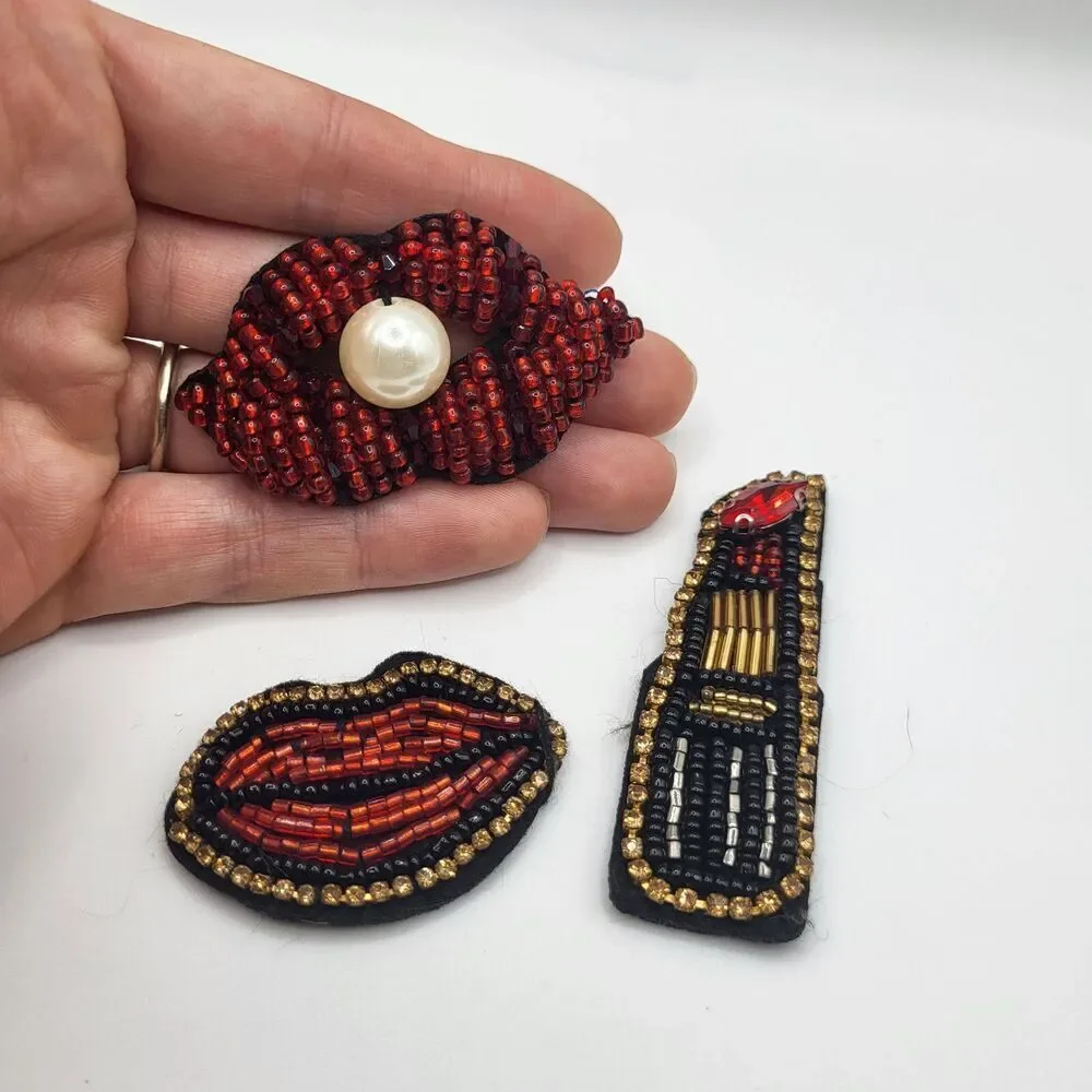 3 Pcs Beaded Lip and Lipstick Appliques 2.5in ish
